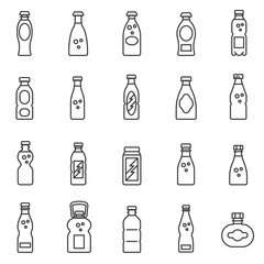 Bottles icons set, line style. Plastic bottles of water and other liquids isolated linear  symbols collection.