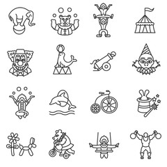 circus show icons set, line style. circus animals and circus acrobats isolated linear symbols collection.
