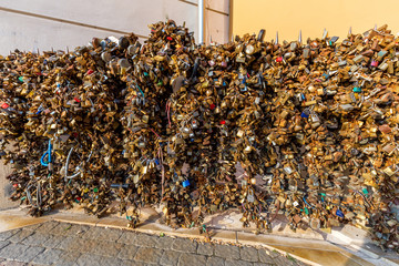 Love padlock wall in center of the city. 16 august 2016