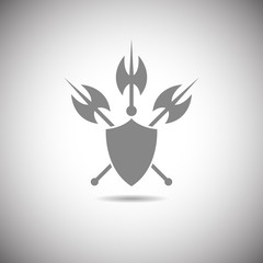 Shield and axe icon on a white background with shadow