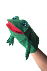 Puppet frog isolated on white background.