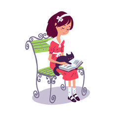 Illustration of girl reading a book, sitting on bench with black cat