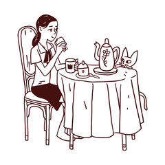 Illustration of Girl eating a sandwich and drinking coffee. Young woman with cat sit on chair at the tabel