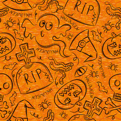 Halloween seamless Pattern with ghost, skull and  pumpkin