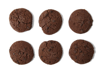 Individual chocolate chip cookies isolated on a white background