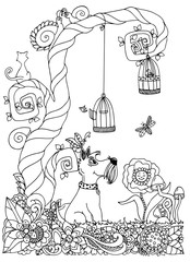 Vector illustration zentangl dog in a clearing, cell. Doodle drawing. Meditative exercise. Coloring book anti stress for adults. Black and white.