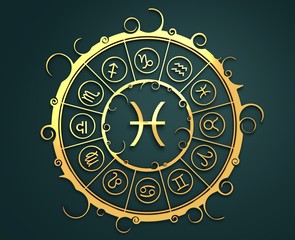 Astrological symbols in the circle. Golden emblem. Metallic material. 3d rendering. The fish sign