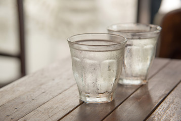 Glass water on wooden table with poor light background.