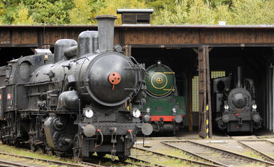 Old Vintage Steam Locomotives At The Train Depot

