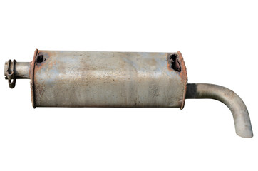 Old car muffler. Front and corrosion damage.