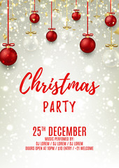 Christmas party flyer with glass and red balls. Elegant vector illustration with snow. Beautiful background with gold confetti and shining sparks. Design of invitation to night club.