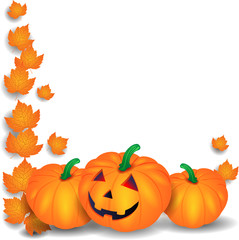 Naklejka na ściany i meble Halloween illustration with pumpkins and leaves on white backgro
