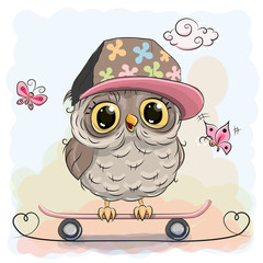 Naklejka premium Cute owl on a skateboard