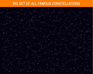 Big set of all famous constellations, modern astronomical signs of the zodiac. Sky Map with the name of the stars and constellations. © lauritta