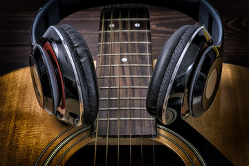 Musician Songwriter - Vintage Headphone and Acoustic Guitar.