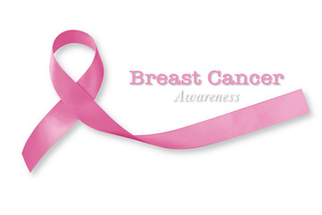 Breast cancer awareness campaign with pink ribbon on white background (clipping path) Satin fabric symbolic concept raising help/ support on women people living with illness/ female disease