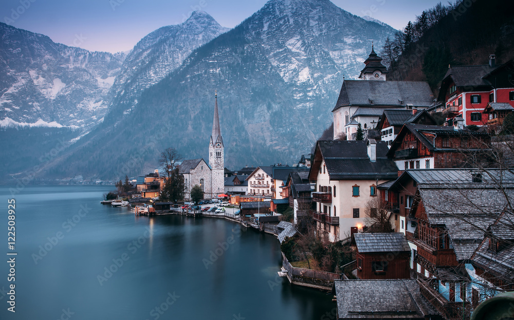 Canvas Prints Austrian Hallstatt at the spring evening