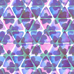 Watercolor purple triangles and flowers, hand drawn illustration, seamless pattern