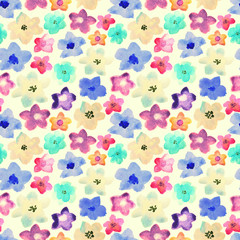 Watercolor colorful flowers, hand drawn illustration, seamless pattern