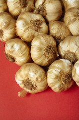 Bulbs of garlic arranged on a red background