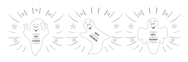 Funny ghosts flying in the night sky. Happy Halloween card