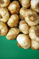 Garlic bulbs arranged on a racing green background