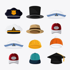 Types of hats. Accessory cloth costume and wear theme. Colorful and isolated design. Vector illustration