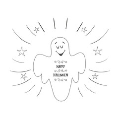 Funny ghost flying. Halloween card. Hand Drawn design element