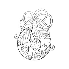 Vector christmas ball with summer ornament inside - strawberry and flowers. Coloring page for adult. Zentangle element for design