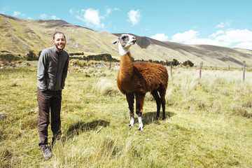 Peru, Huaraz, traveler with a llama in a meadow