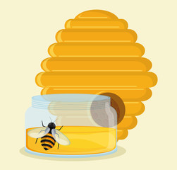 Honeycomb jar and bee icon. Honey healthy and organic food theme. Colorful design. Vector illustration