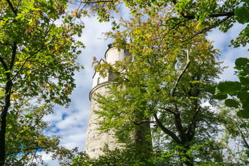 Fototapeta premium Blick durch die Blätter auf einen Turm einer Burg 