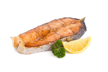 Salmon steak on white background.