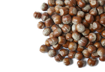 A puile of whole hazelnuts isolated on a white background