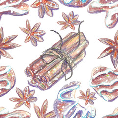Watercolor crayons  Christmas background.Hand drawn seamless pattern. Can use them for wrapping paper, greeting card, prints.