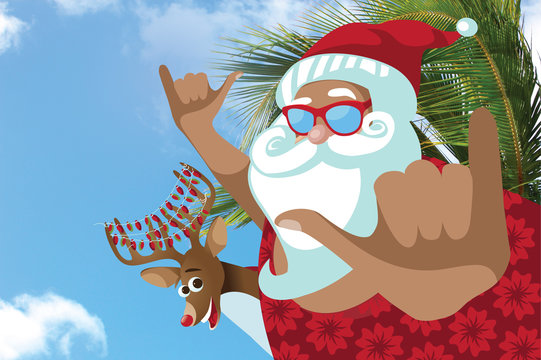 Tanned cartoon Santa Claus in a Hawaiian shirt giving the Shaka sign in a tropical location with his reindeer.