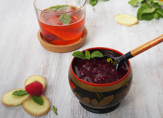 Lingonberry jam. Common cure for common cold - lemon, mint, raspberry, ginger