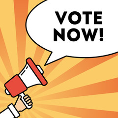 Vote now concept. Hand with megaphone on bright striped background with speech bubble. Presidential campaign.