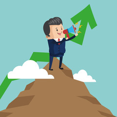 Businessman cartoon on mountain and megaphone icon. Business strategy solution and work theme. Colorful design. Vector illustration