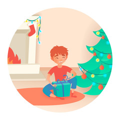 Boy with gift. Christmas or New Year. Near the decorated tree and fireplace. Vector illustration. Cute cartoon stylized child
