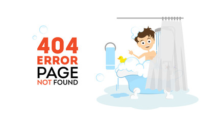 Oops, page not found concept. Funny cartoon man in the bathroom washing in the bath tub. 404 error.
