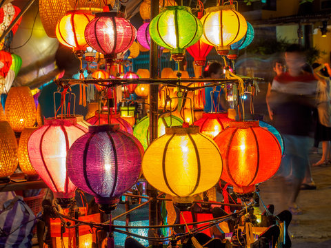 Handcrafted lamps in night market in Hoi an, Vietnam.