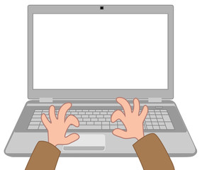 Cartoon human hands on the laptop on a white background