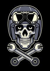 skull wearing vintage motorcycle helmet