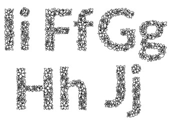 Vector illustration zentangl, flower letters I, F, G, H, J, alphabet. Doodle drawing. Meditative exercise. Coloring book anti stress for adults Black and white
