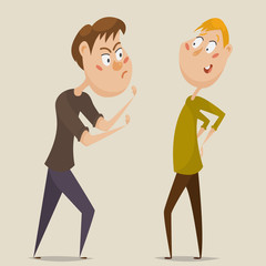 Aggressive man threatening laughing man. Emotional concept of aggression and ignoring. Cartoon characters. Vector illustration