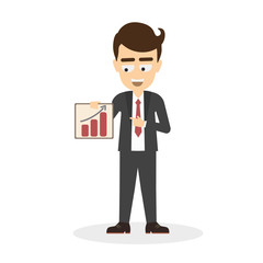 Businessman with successful business. Isolated cartoon character with chart board and statistics. Progress data. Making profit.