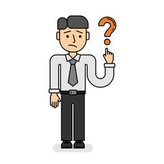 Businessman with question mark. Isolated cartoon man pointing on question sign on white background. Concept of confusion, asking and wondering.