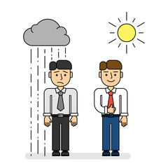 Positive and negative businessmen. Isolated cartoon character on white background. Sad and unhappy man with rain and happy and smiling man with sun.