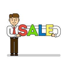 Businessman with sale. Isolated cartoon character with sale title on white background.